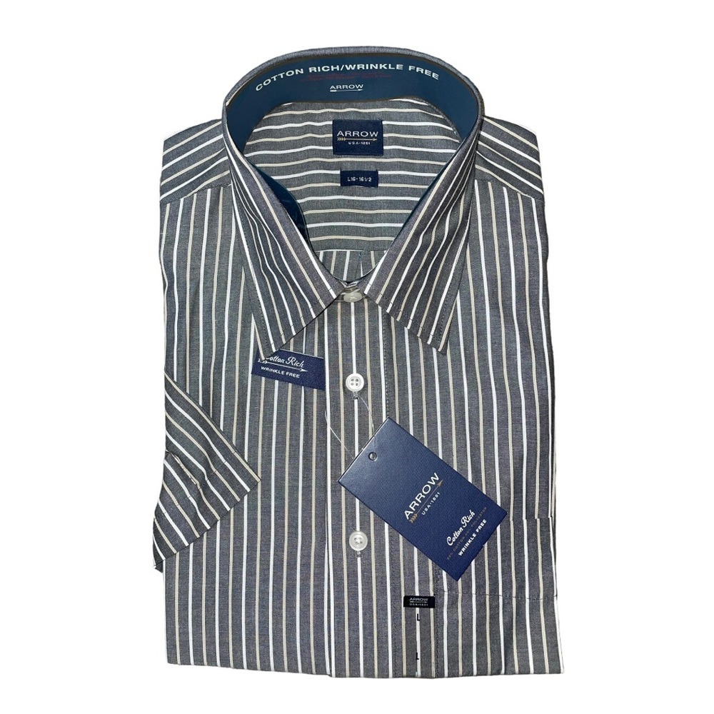 Arrow Cotton Rich Grey Striped Short Sleeve Button Down Large 16-16.5 NEW